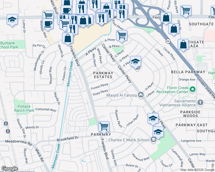 map of restaurants, bars, coffee shops, grocery stores, and more near 4501 Forest Parkway in Sacramento