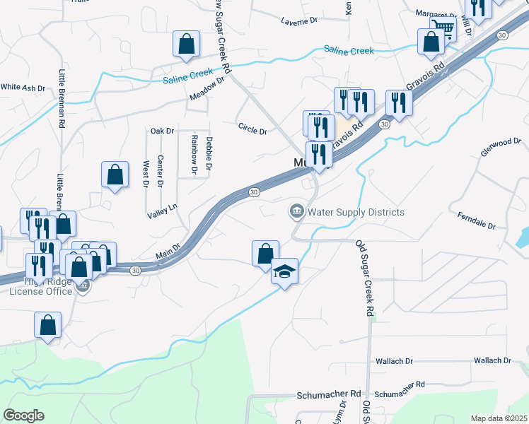 map of restaurants, bars, coffee shops, grocery stores, and more near 1301 Gravois Road in High Ridge