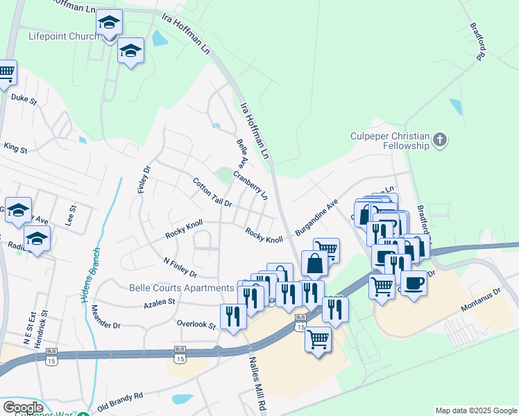 map of restaurants, bars, coffee shops, grocery stores, and more near 1966 Cranberry Lane in Culpeper
