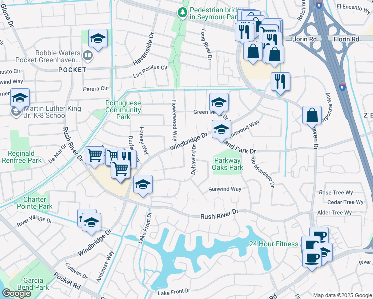 map of restaurants, bars, coffee shops, grocery stores, and more near 7433 Windbridge Drive in Sacramento