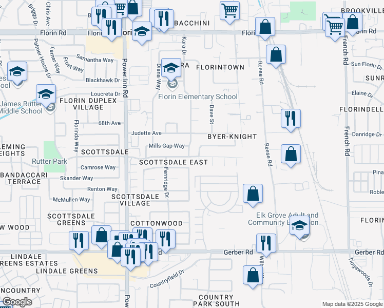 map of restaurants, bars, coffee shops, grocery stores, and more near 7409 Kara Drive in Sacramento