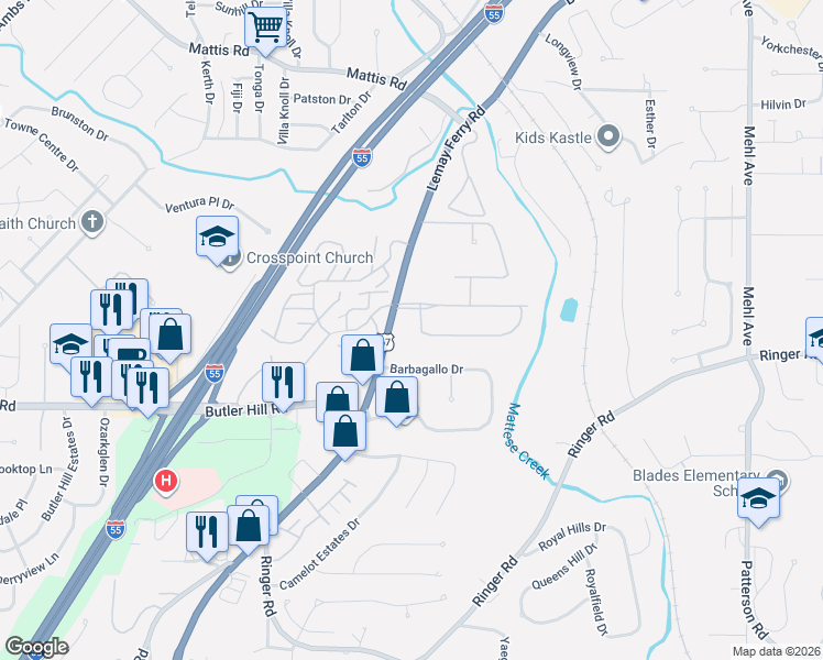 map of restaurants, bars, coffee shops, grocery stores, and more near 3632 Eileen Ann Drive in St. Louis