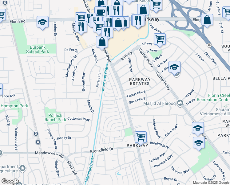 map of restaurants, bars, coffee shops, grocery stores, and more near 49 La Fresa Court in Sacramento