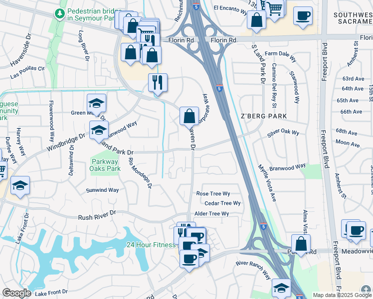 map of restaurants, bars, coffee shops, grocery stores, and more near 7428 Greenhaven Drive in Sacramento