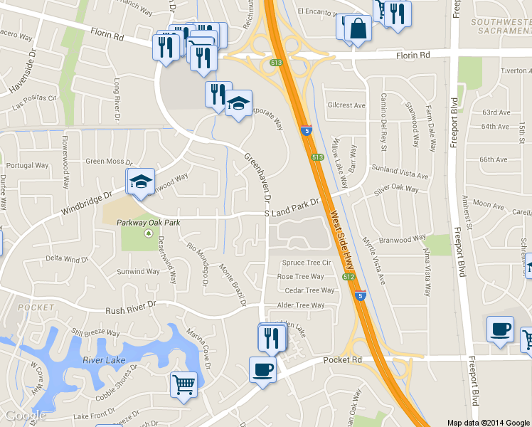 map of restaurants, bars, coffee shops, grocery stores, and more near 7428 Greenhaven Drive in Sacramento