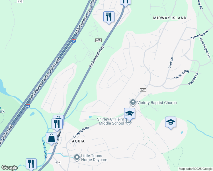 map of restaurants, bars, coffee shops, grocery stores, and more near 3 Hot Springs Way in Stafford