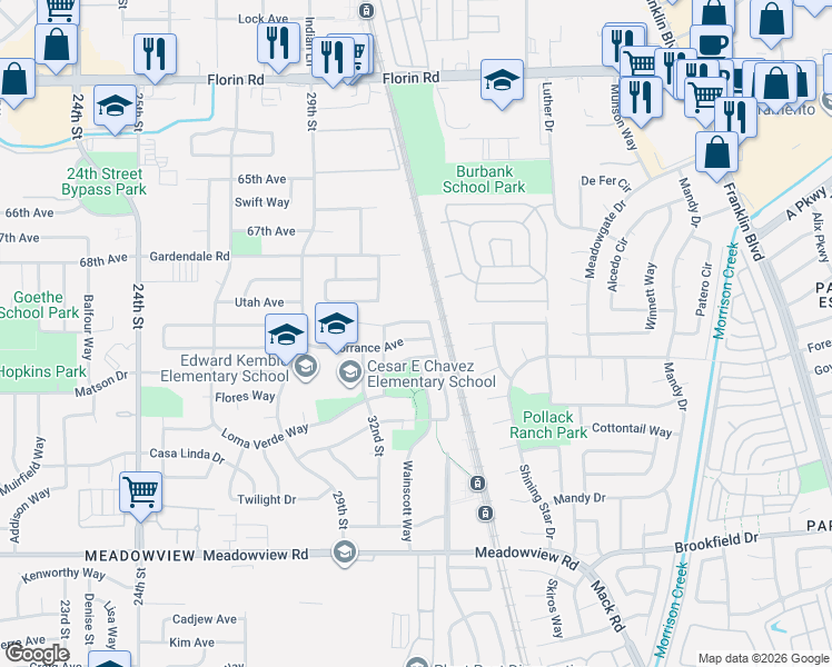 map of restaurants, bars, coffee shops, grocery stores, and more near 7456 Tisdale Way in Sacramento