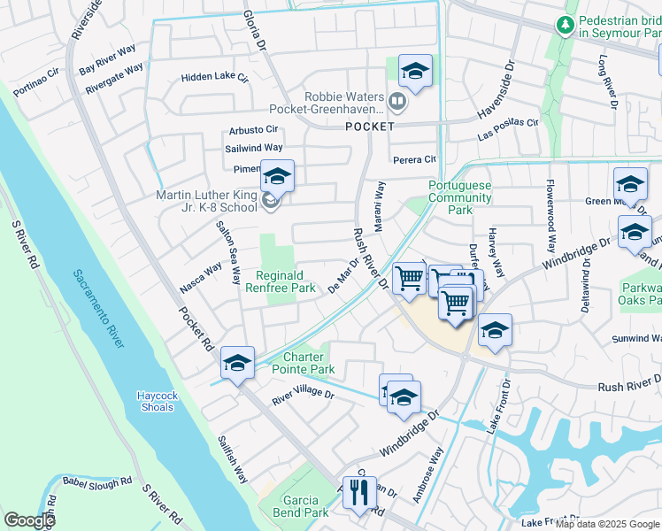map of restaurants, bars, coffee shops, grocery stores, and more near 7 Cache River Circle in Sacramento