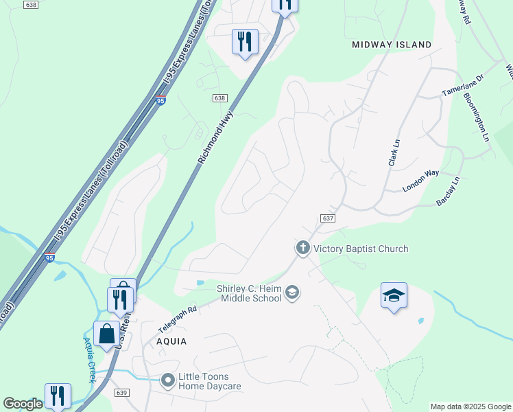 map of restaurants, bars, coffee shops, grocery stores, and more near 25 Glacier Way in Stafford