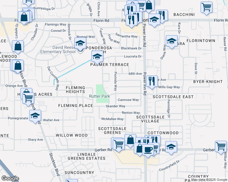 map of restaurants, bars, coffee shops, grocery stores, and more near 7420 Florinda Way in Sacramento