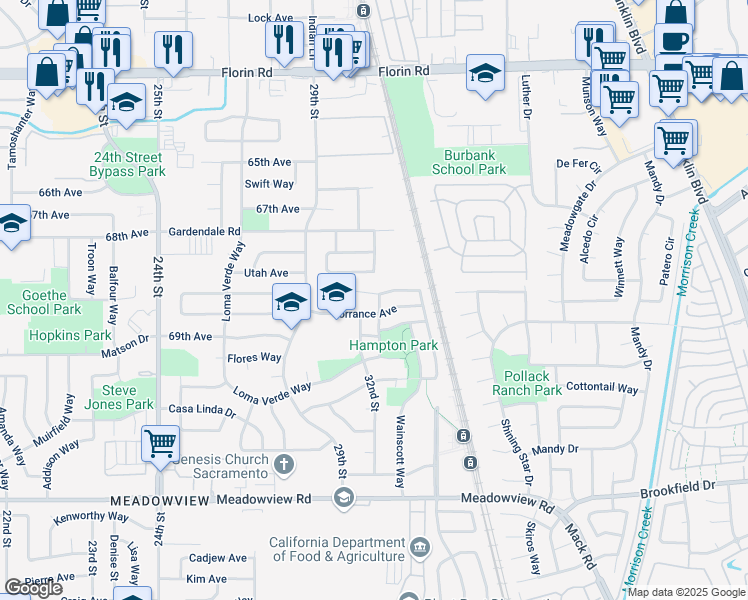 map of restaurants, bars, coffee shops, grocery stores, and more near 7458 Hither Way in Sacramento