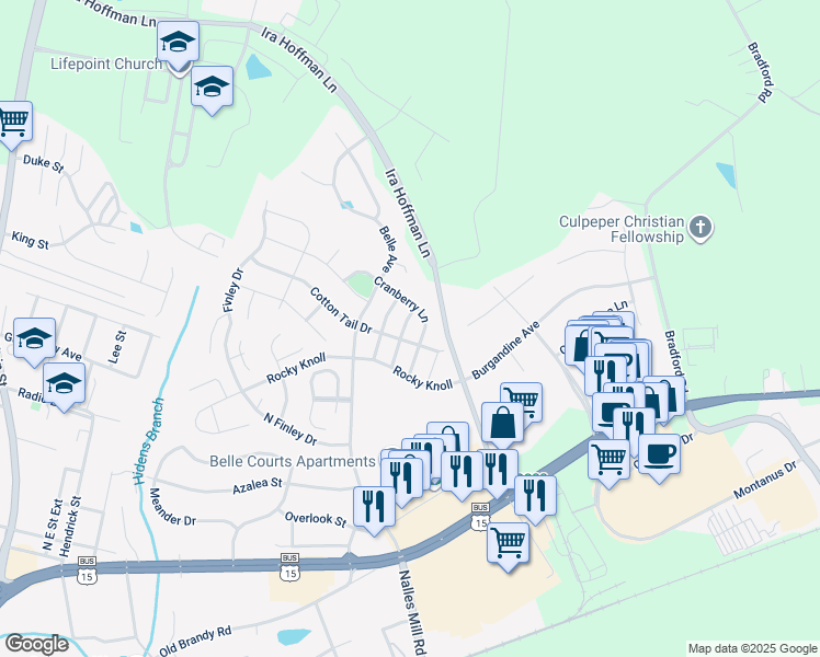 map of restaurants, bars, coffee shops, grocery stores, and more near 1943 Silver Star Lane in Culpeper
