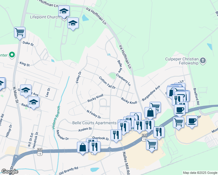 map of restaurants, bars, coffee shops, grocery stores, and more near 1963 Cotton Tail Drive in Culpeper