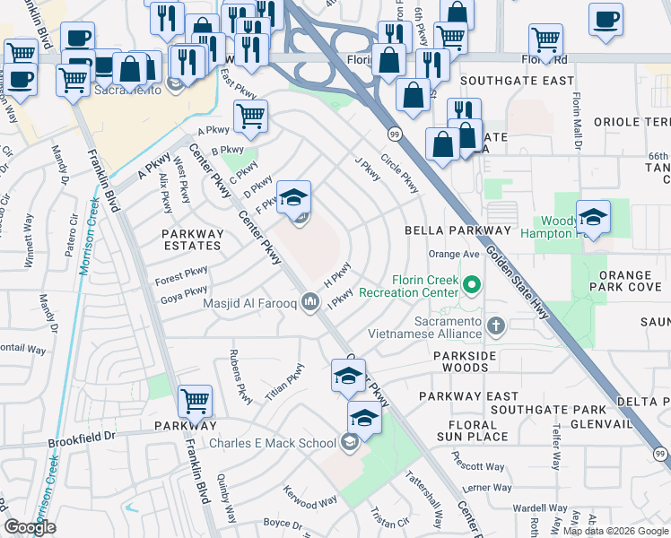 map of restaurants, bars, coffee shops, grocery stores, and more near 4919 H Parkway in Sacramento