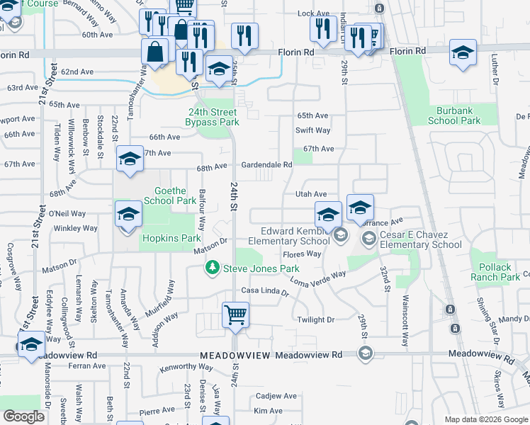 map of restaurants, bars, coffee shops, grocery stores, and more near 2521 Meadow Wood Circle in Sacramento