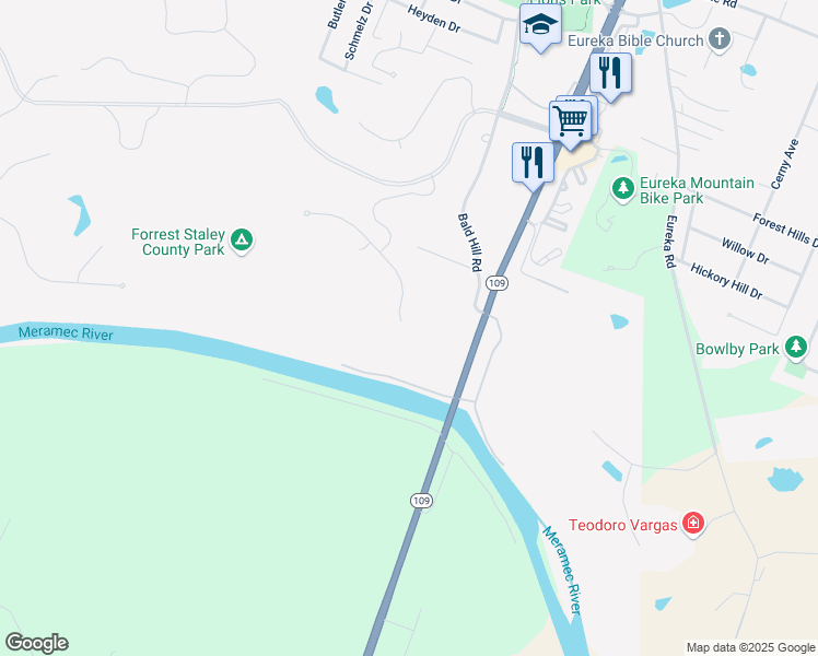 map of restaurants, bars, coffee shops, grocery stores, and more near 211 Palisades Ridge Court in Eureka