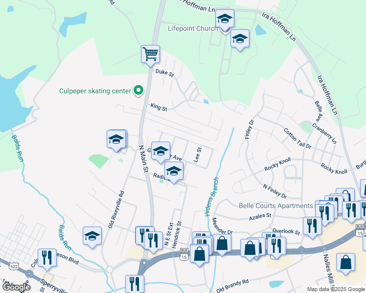 map of restaurants, bars, coffee shops, grocery stores, and more near 1122 Jackson Street in Culpeper