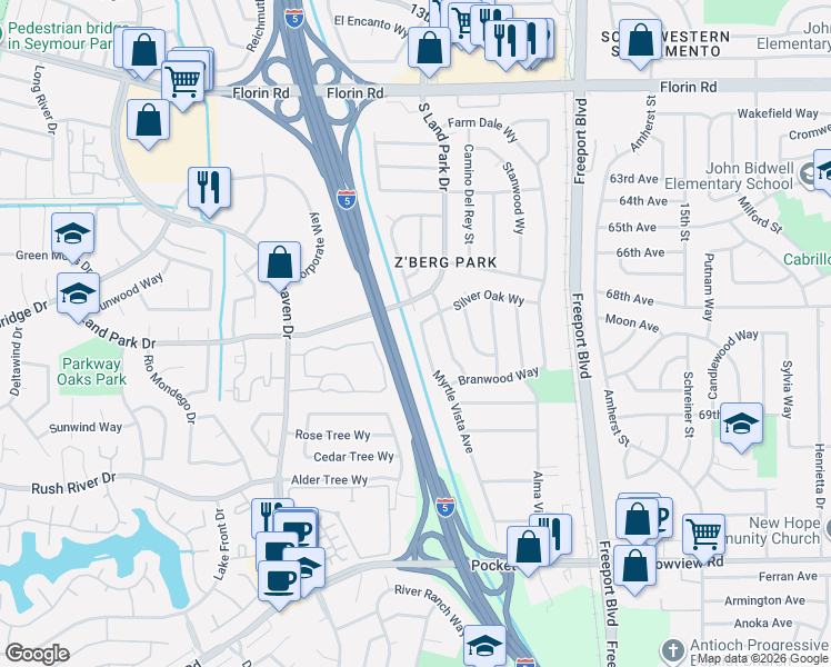 map of restaurants, bars, coffee shops, grocery stores, and more near 7407 Myrtle Vista Avenue in Sacramento
