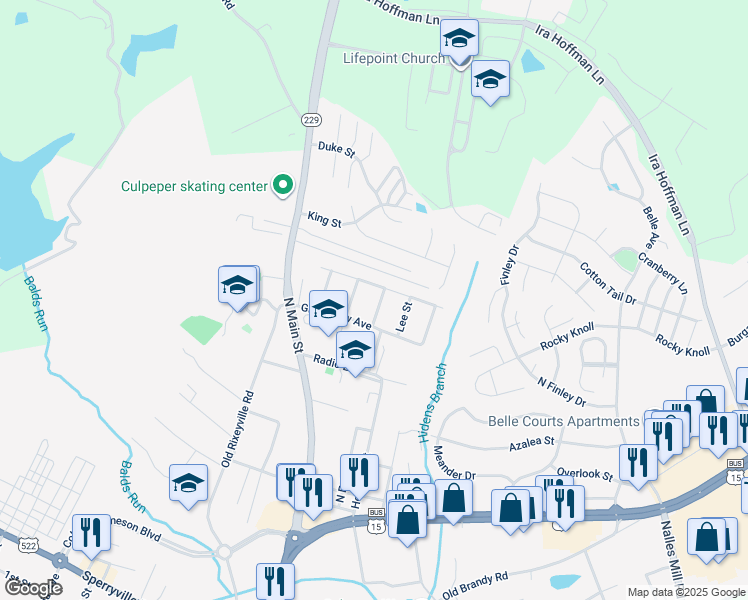map of restaurants, bars, coffee shops, grocery stores, and more near 1122 Jackson Street in Culpeper