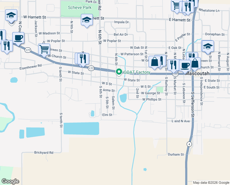 map of restaurants, bars, coffee shops, grocery stores, and more near 409 Anna Street in Mascoutah