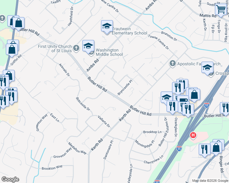 map of restaurants, bars, coffee shops, grocery stores, and more near 4545 Butler Hill Road in St. Louis