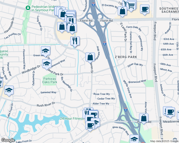 map of restaurants, bars, coffee shops, grocery stores, and more near 7428 Greenhaven Drive in Sacramento