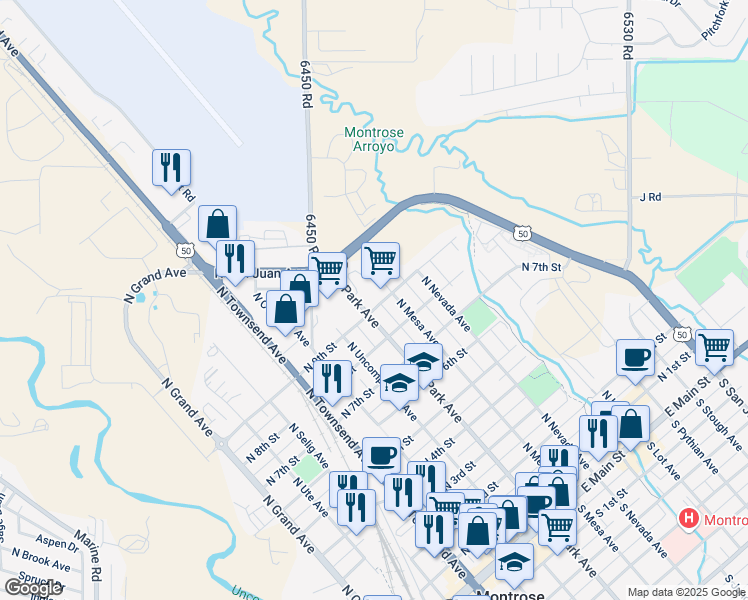 map of restaurants, bars, coffee shops, grocery stores, and more near 647 N 9th St in Montrose