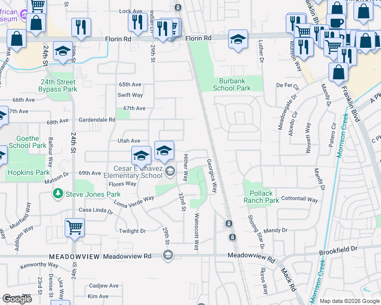 map of restaurants, bars, coffee shops, grocery stores, and more near 7456 Tisdale Way in Sacramento