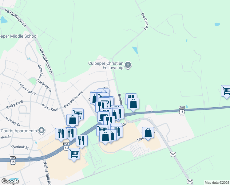 map of restaurants, bars, coffee shops, grocery stores, and more near 15523 Hillview Court in Culpeper