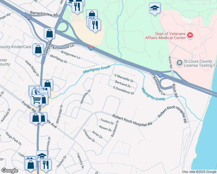 map of restaurants, bars, coffee shops, grocery stores, and more near 104 East Donaldson Drive in St. Louis