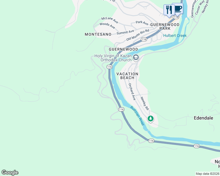 map of restaurants, bars, coffee shops, grocery stores, and more near 17850 California 116 in Guerneville