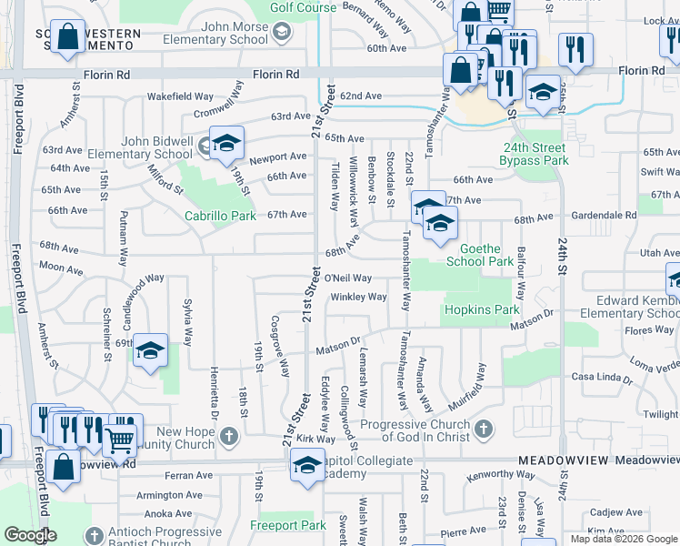 map of restaurants, bars, coffee shops, grocery stores, and more near 2117 Oneil Way in Sacramento
