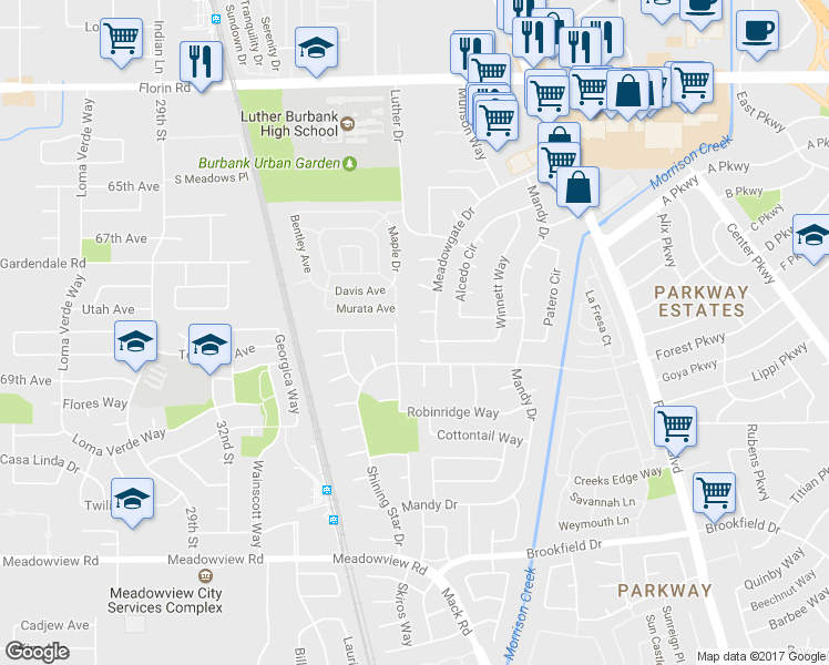 map of restaurants, bars, coffee shops, grocery stores, and more near 14 Bueno Court in Sacramento
