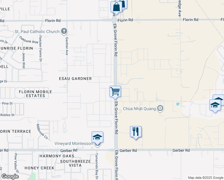 map of restaurants, bars, coffee shops, grocery stores, and more near 7416 Elk Grove Florin Road in Sacramento