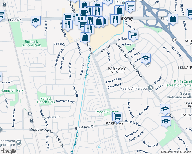 map of restaurants, bars, coffee shops, grocery stores, and more near 49 La Fresa Court in Sacramento