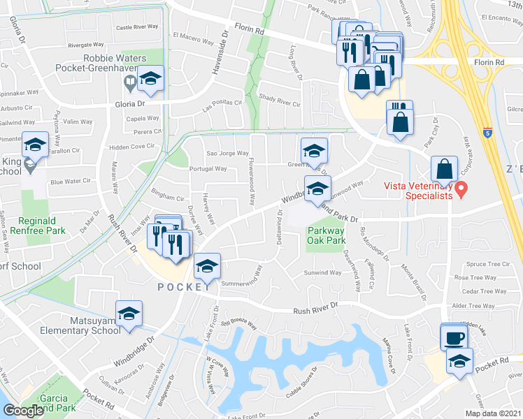 map of restaurants, bars, coffee shops, grocery stores, and more near Windbridge Dr & Klein Way in Sacramento
