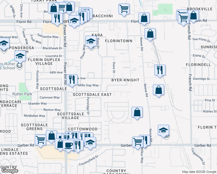 map of restaurants, bars, coffee shops, grocery stores, and more near 8224 White Sands Way in Sacramento
