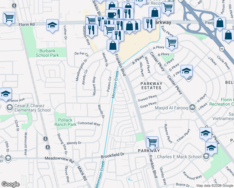 map of restaurants, bars, coffee shops, grocery stores, and more near 7407 Patero Circle in Sacramento