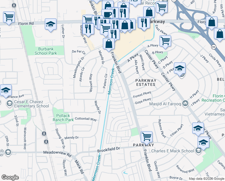 map of restaurants, bars, coffee shops, grocery stores, and more near 7407 Patero Circle in Sacramento