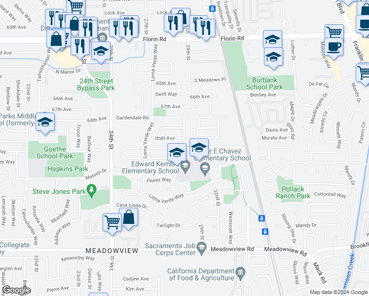 map of restaurants, bars, coffee shops, grocery stores, and more near 7450 29th Street in Sacramento