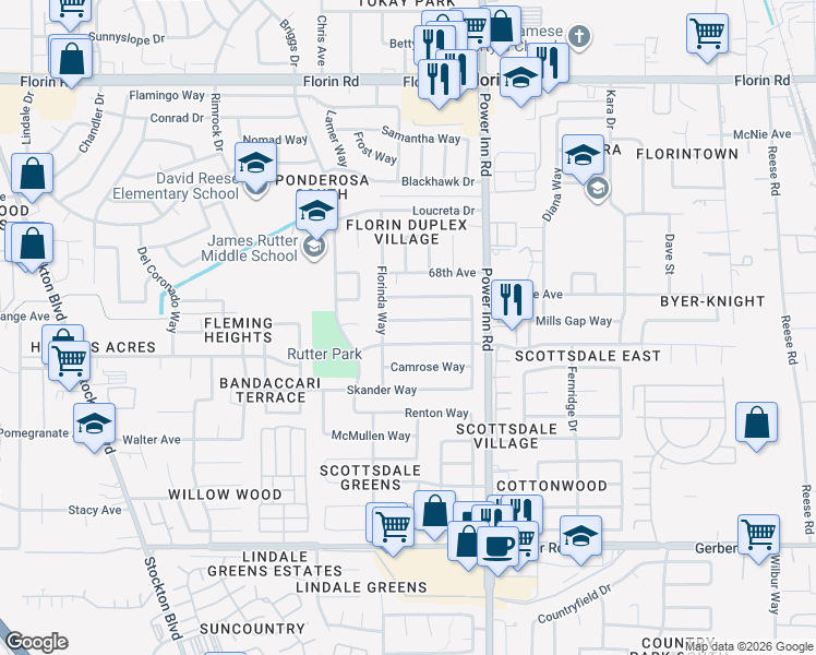 map of restaurants, bars, coffee shops, grocery stores, and more near 7816 Hartwick Way in Sacramento