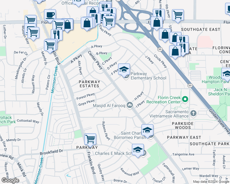 map of restaurants, bars, coffee shops, grocery stores, and more near 4730 Goya Parkway in Sacramento