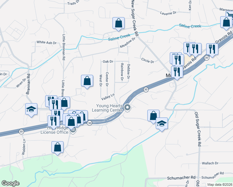 map of restaurants, bars, coffee shops, grocery stores, and more near 1920 Main Drive in High Ridge