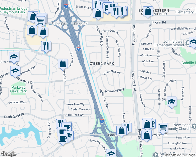 map of restaurants, bars, coffee shops, grocery stores, and more near 7407 Myrtle Vista Avenue in Sacramento