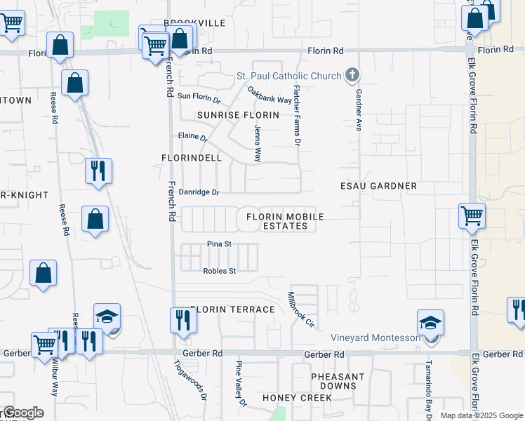 map of restaurants, bars, coffee shops, grocery stores, and more near 7400 Baronnel Lane in Sacramento