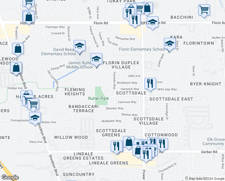 map of restaurants, bars, coffee shops, grocery stores, and more near 7420 Florinda Way in Sacramento