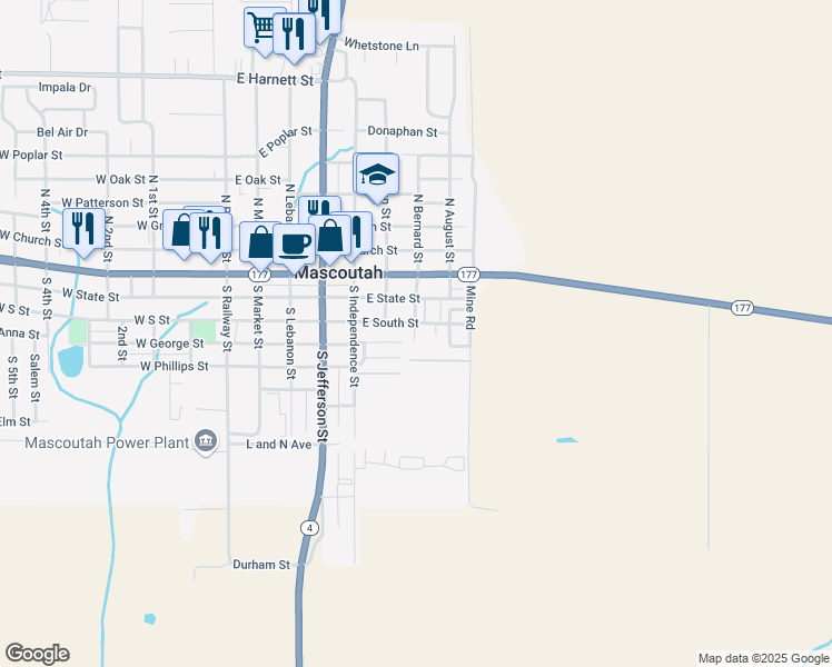 map of restaurants, bars, coffee shops, grocery stores, and more near 600 E South St in Mascoutah