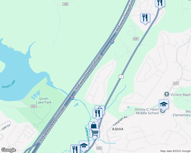 map of restaurants, bars, coffee shops, grocery stores, and more near 703 Kings Crest Drive in Stafford