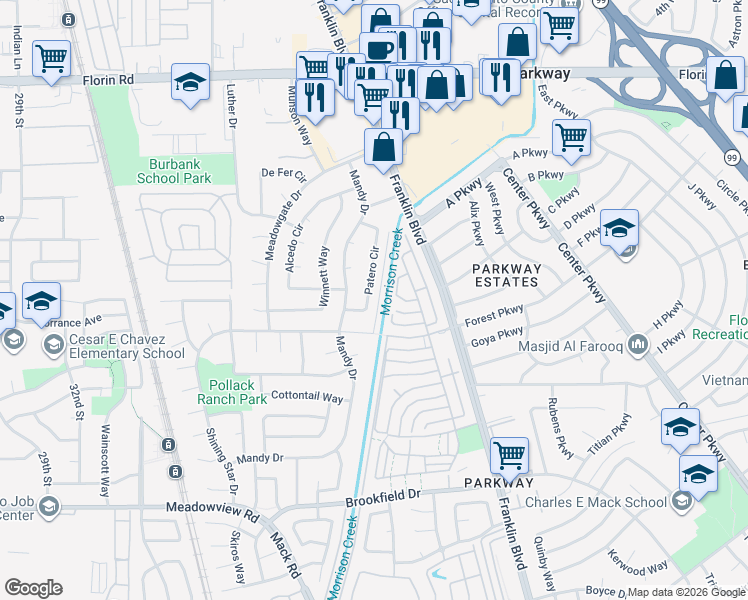 map of restaurants, bars, coffee shops, grocery stores, and more near 7407 Patero Circle in Sacramento