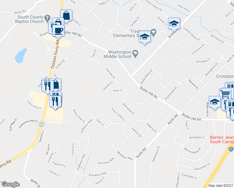 map of restaurants, bars, coffee shops, grocery stores, and more near 5310 Ambs Court in Saint Louis